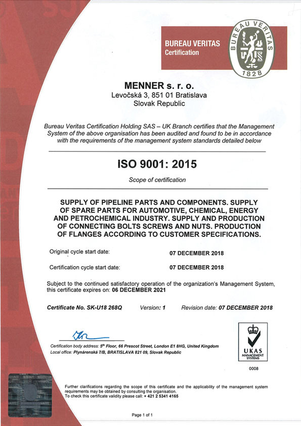 Certifikát ISO 9001 z roku 2015 