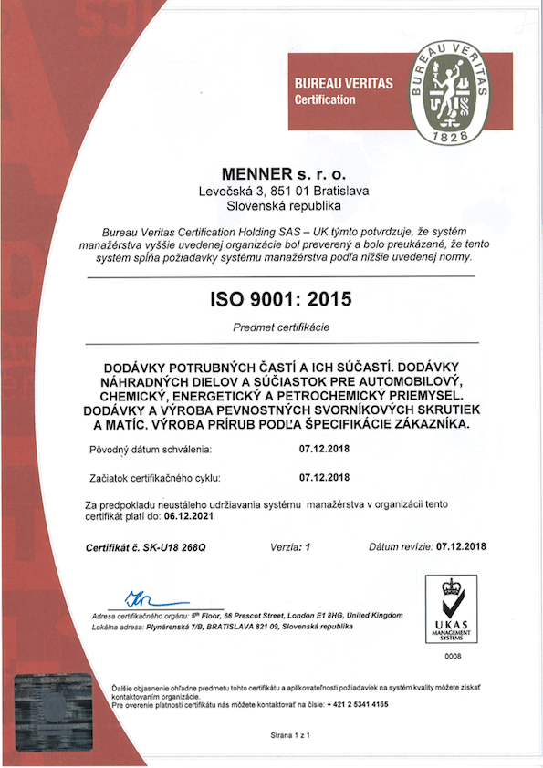 Certifikát ISO 9001 z roku 2015 